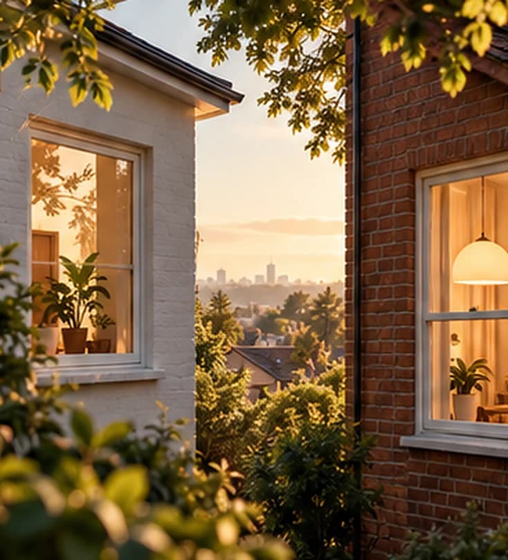 Two neighbouring homes in evening light, with the town beyond
